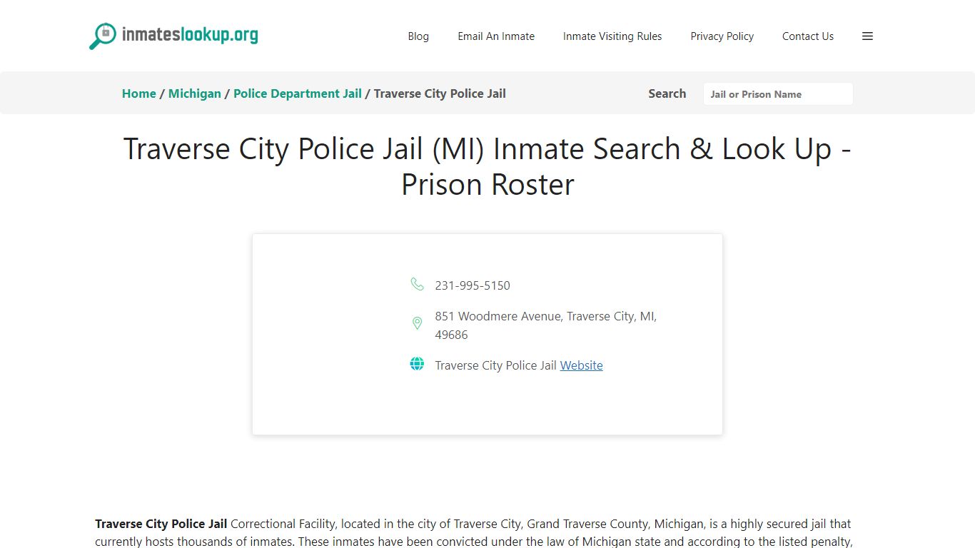 Traverse City Police Jail (MI) Inmate Search & Look Up - Prison Roster